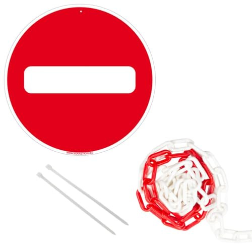 Signalétique.biz France - Signalétique.biz France - panneau rond en aluminium 300mm - Sens interdit, avec chaîne plastique rouge et blanche 5m + colliers de serrage.