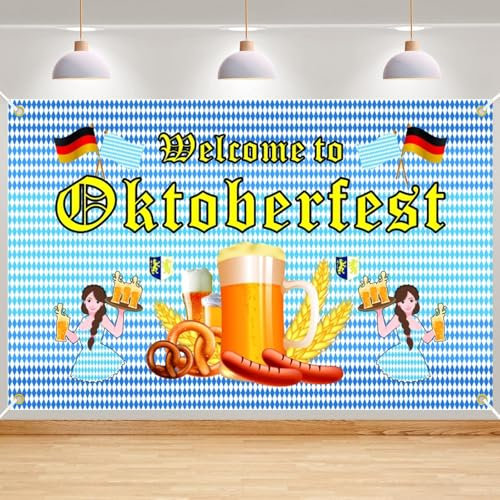 Goldenland Oktoberfest Banner Deko, 180 x 110CM Bayerisches Oktoberfest Party Banner Deko, Oktoberfest Dekoration, Foto Accessoires zum Aufhängen für Indoor Outdoor Oktoberfest Bierzelten Blau Gelb
