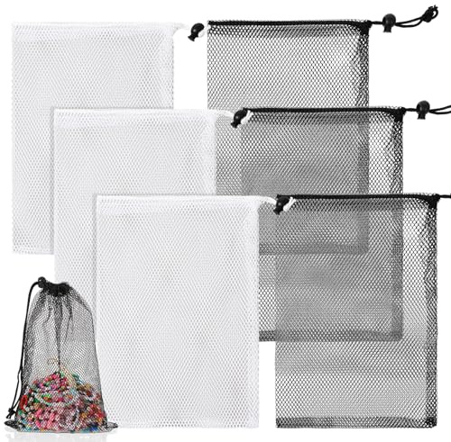 Ouligay 6 Stück Schwarze Netzbeutel mit Kordelzug, 30x20cm Tragbare Nylon Netztasche, Mesh Bag Drawstring, Klein Netztaschen Aufbewahrungstaschen für Spielzeug Sport Aufbewahrung Outdoor-Aktivitäten
