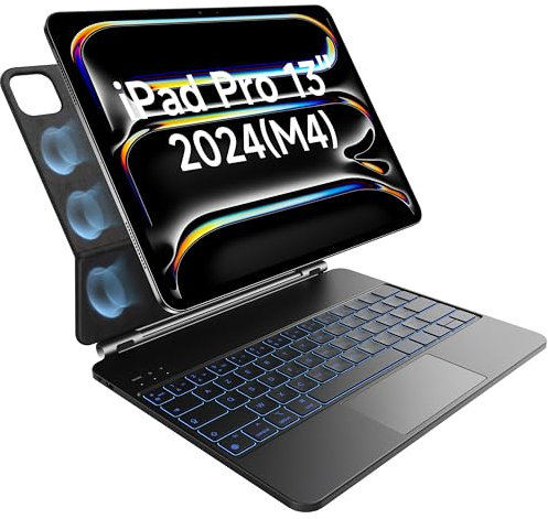 HOU Magic Keyboard Clavier pour iPad Pro 13 Pouces (M5 2025/M4 2024) - Étui avec Clavier, AZERTY, pavé Tactile Click-Anywhere, rétroéclairage en 7 Couleurs et 3 Niveaux, Design magnétique, Noir