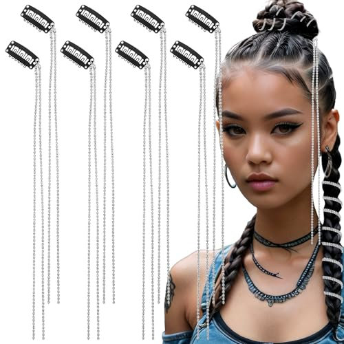 8 Stück Strass Haarketten, 50cm Kristall Haarspangen, Punk Crystal Quaste Ketten, Silber Kristall Quaste Haarspange Kette, Lange Haarspangen mit Strasssteinen Bling Haarschmuck für Frauen
