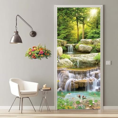 Türfolie Selbstklebend 3D Türaufkleber Wasserfall Fisch Türtapete Selbstklebend Türposter 77X200 cm Türverkleidung Türtattoo Poster Abnehmbar Fototapete für Wohnzimmer Schlafzimmer Küche Bad -MT136