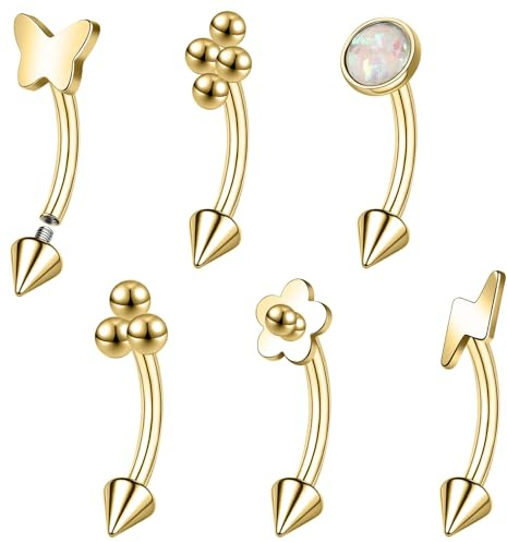 ZS 6 Stücke Edelstahl Augenbrauenpiercing Spike Augenbrauenschmuck, 16g Gebogene Bauchnabelringe Nabel Barbell Helix Daith Tragus Ohrringe Lippenpiercingschmuck (Gold,L:10mm)