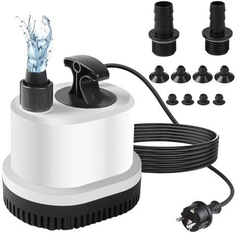EXLECO Pompe à Eau Ultra Silencieuse Mini Pompe Submersible Max.1500L/H 25W 220-240V Pompe Bassin Exterieur Pomp Fontaine avec 1,6M Câble 3 Buses Pomp Vide Cave pour Jardin Étang