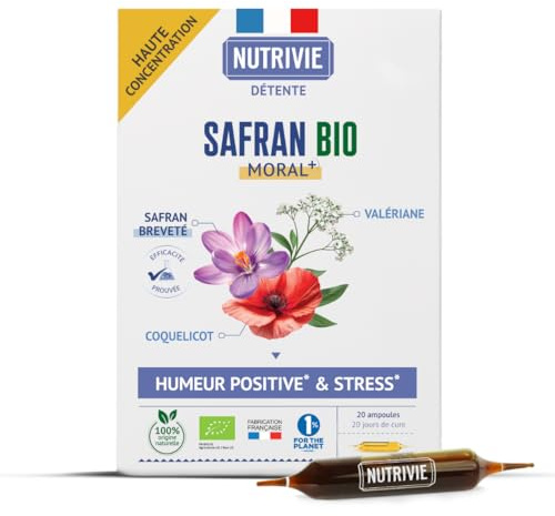 NUTRIVIE - Ampoules Safran Bio & 100% Naturelle - Stress, Fatigue & Baisse de Moral - Safr'Inside™, Valériane & Coquelicot - Pour le Surmenage, la Relaxation et une Humeur Positive