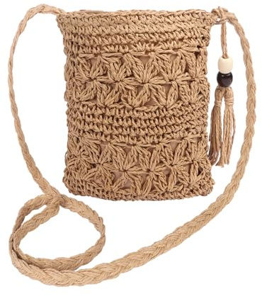 Moorle Straw Bag for Women, Summer Beach Straw Bag, Crossbody Bags with Tassel, Bohemian Shoulder Weave Bags for Summer Holiday Beach Travel (Khaki)