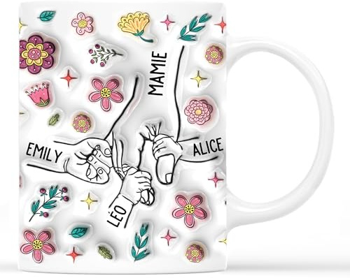 Cadeau Plus Mug Personnalisé Prénom - Mamie Maman Tenant Les Mains - Cadeau Mamie, Tasse Personnalisée Maman, Cadeaux pour maman, Mug grand mere (Modèle 4)