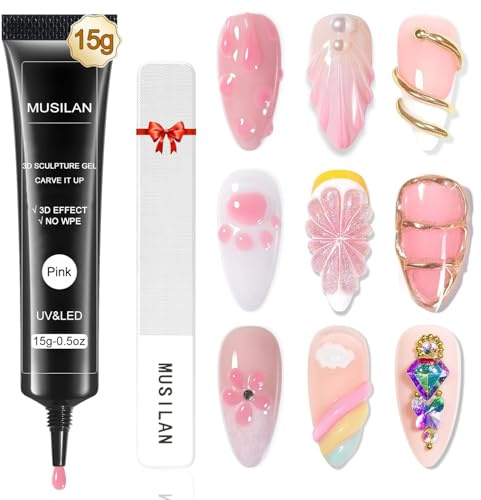 MUSILNA 3D Nail Sculpting Gel Rhinestone Glue avec limes à ongles en Verre - 15g Rose Multifonctionnel UV Sculpture Colle à Ongles pour Styling Ongles DIY Nail Charms Design Styling dans la Maison