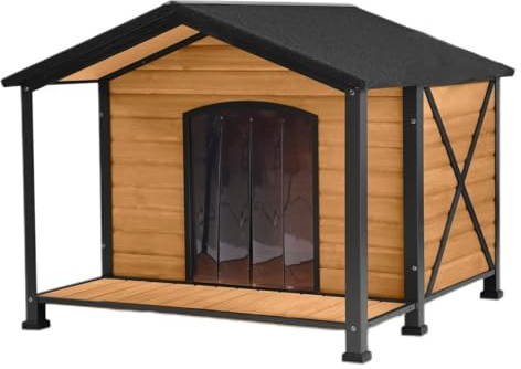 Seiyierr Outdoor-Hundehütte wetterfest hölzerne Hundehütte für mittelgroße bis große Hunde Eisenrahmen Indoor Outdoor-Hundehütte Welpen Zwinger Haustiere warmes Haus im Winter mit großer Veranda