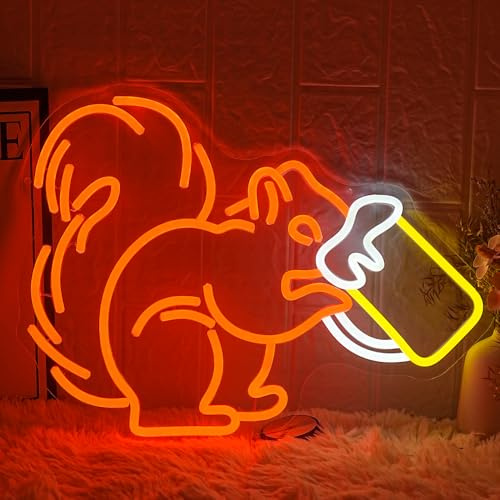 LMSIGNLY Squirrel Beer Neon Sign for Wall Decor Bar Neon Light Orange Squirrel Drinking Wine Led Light Animal LED Sign Dimmable LED Neon Light for Bar Bedroom Kidsroom Business Game Room