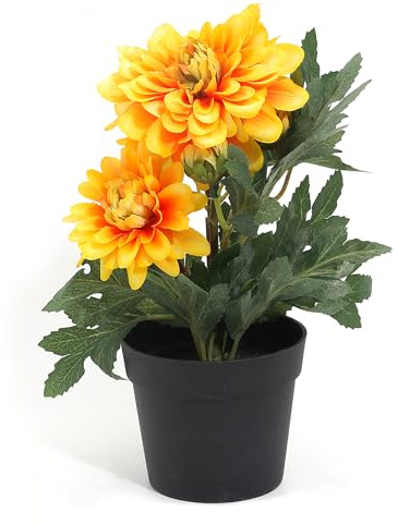 Acihety Künstliche Dahlien im Topf – Realistische Kunstblumen wie echt – Pflegeleichte Kunstpflanzen für Balkon, Wohnzimmer und Geschenkideen – 25 cm Hoch – Frühlingsdeko in Rosa, Orange oder Weiß