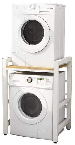 Stackable Washer Dryer Stand with Anti Slip Pedal Pads White/Light Walnut Laundry Storage Unit for Dishwasher and Tumble Dryer Space Saving and Sturdy Platform