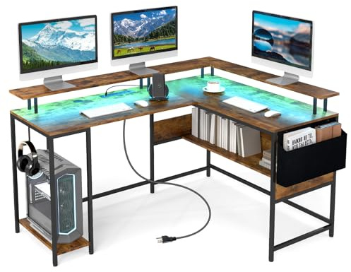 COSTWAY Scrivania da Gaming Angolare, Scrivania per Computer con Luci LED, Prese di Corrente, Supporto per Monitor, Gancio e Ripiani, Postazione di Lavoro ad Angolo