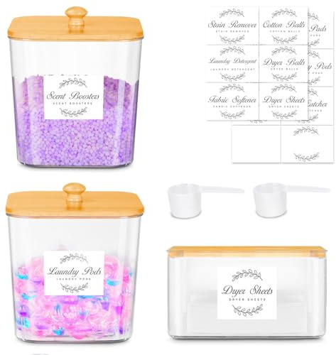 2+1 Pack Laundry Pods Container and Dryer Sheet Holder Set with Bamboo Lid and 16 Labels, Laundry Containers, Clear Laundry Room Organization Containers for Washing Pods, Powder, Scent Booster