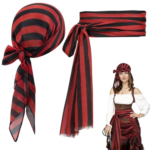 Piraten Kopftuch Schärpe, Mittelalter Piratenkostüm Zubehör für Damen Herren, Piratentuch Piraten Schärpe, Pirate Accessories für Kinder Erwachsene Halloween Karneval Rollenspiel (Schwarz-Rot)