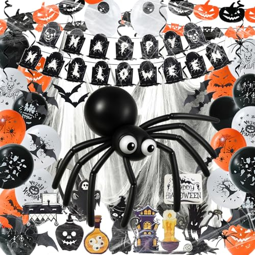 YKHSUAOU Halloween Deko Innen Set, Haloween Luftballons Set, haloween Grusel Deko mit Latex Balloons, Mini Spiders, Spider Web, for Home, Halloween, Children's Party Decoration (C)