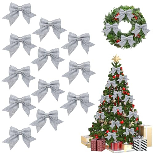 XDGBGFN 12 Stück Glitzer Weihnachtsbaumschleifen 12 * 15 cm Weihnachtsbaum Bogen Schleife für Weihnachtsbaum/Girlanden Deko (Silber)