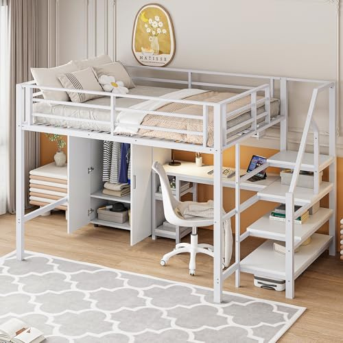 SACOOL Hochbett 140 * 200cm Kleiderschrank Regale Ablageleiter Schreibtisch ohne Matratze Weiß