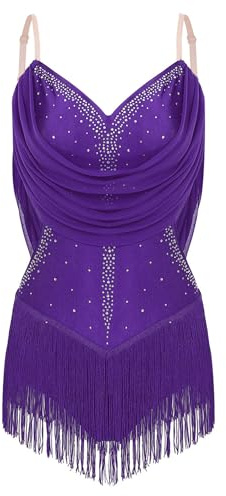 Miutii Womens Rhinestones Salsa Tango Tassel Latin Dance Dress Leotard Glitter Performance Ballroom Costume Purple S
