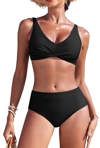 Svanco Costume Donna Due Pezzi Bikini Vita Alta, V-Apertura con Croce e Design Color Block, Costumi Bagno Curvy per Mare e Piscina