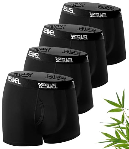 YESWEL Boxers for Men, Bamboo Boxer Shorts Multipack of 4, No Itchy Labels Underwear, Moisture Wicking Underpants, Breathable Trunks with Fly (4x Black, M)