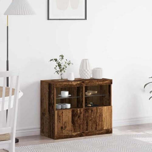 GeenYuu Sideboard Brown 81 x 37 x 67 cm, Wood Composite with Sliding Door, LED Lighting, Chest of Drawers for Living Room, Dining Room, Bedroom, Narrow