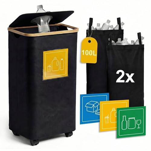 Viviendo 100L Foldable Recycling Bin with Lid and Wheels, Oxford Bottle Collector with Waterproof Liner, 2 Removable Bags, for Empty Bottle Storage and Collection