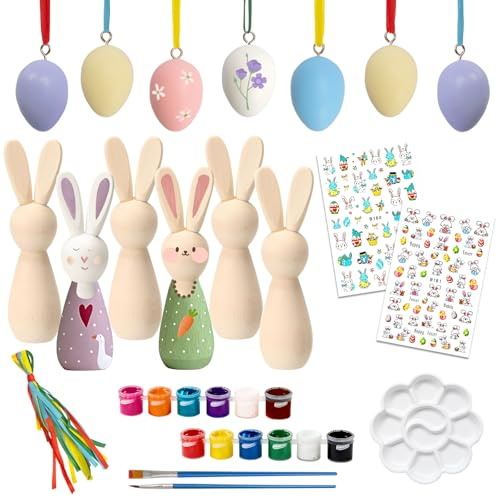 ZJKUBOIS 52-teiliges Oster Bastelset Kinder, 6 Holz Osterhasen + 10 Ostereier + 2 Osterhasen Ostereier Aufkleber + 12 Acrylfarben+2 Pinsel+20 Bunte Bänder, Osterdeko-Holz zum Aufhängen & Bemalen