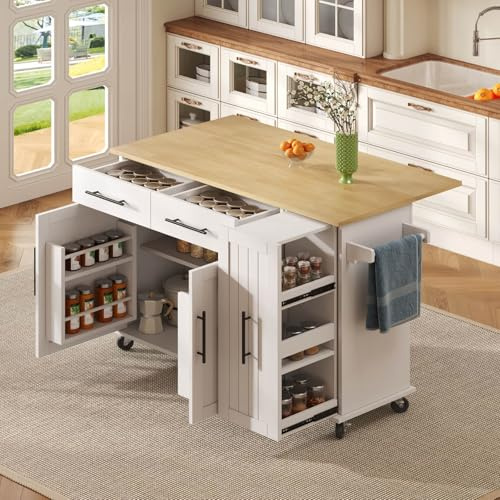 PUGSDRLY Desserte de Cuisine à roulettes,Buffet Meuble,îlot de Cuisine avec Plateau de Table Pliable,3 Tiroirs et 2 Portes,Organiseur à 3 Niveaux coulissants (Blanc-I)