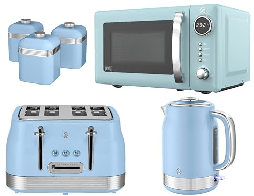 Swan Retro Revive Blue Kitchen Bundle Set – 1.7L Rapid Boil Kettle, 4 Slice Toaster, 800W 20L Digital Microwave and Tea, Coffee, Sugar Canisters. Retro Gloss Finish with Chrome Accents