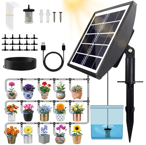 Yalitrca Solar Irrigation System for 15 Pots, Solar & Rechargeable Automatic Drip Irrigation System with Timer, Anti-Siphoning Device, 15m Hose for Outdoor Indoor Plants Balcony Greenhouse