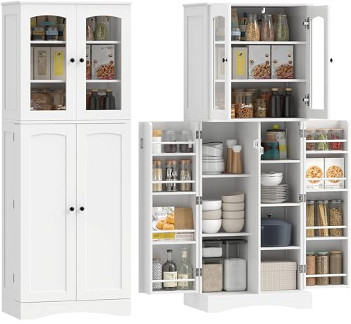 HOMCOM Armario de Cocina, Armario Despensa Cocina, con Puertas Acrílicas de Cierre Suave, 10 Estantes, 8 Compartimentos, Alacena Moderna con 4 Estantes Ajustables para Comedor, 60x40x162 cm, Blanco