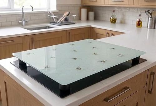 DEENZ White Rectangular Honeycomb Bee Design Hob Cover for All Types of Cooker 5Mm Glass Worktop Saver Kitchen Accessory Décor Cutting Board 52x60Cm, HOB Cover & 4X Black FEET