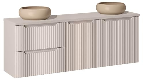 Lomadox Badezimmer Doppelwaschtisch mit 160 cm Breite in Kaschmir, gerillte Front, geringe Tiefe