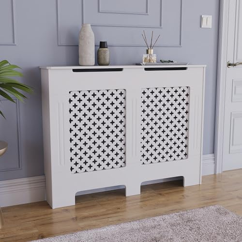 Vida Designs Oxford Heizkörperabdeckung Weiß - Mittel - Traditionelles Kreuzmuster-Design für optimale Wärmeverteilung - H82xW111xD19cm - Lackiertes MDF-Möbel Ideal für Wohnzimmer und Flur