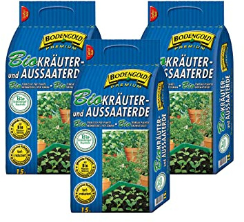 3 Sack BIO-Kräuter- und Aussaaterde mit je 15 Liter = 45 Liter Bioerde BODENGOLD Premium