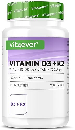 Vitamine D3 20.000 I.E + Vitamine K2 200 µg MK7 Dépôt - 100 Comprimés - Hautement Dosé - 99,7% All-Trans MK7 -Végétarien - Sans Additifs Inutiles