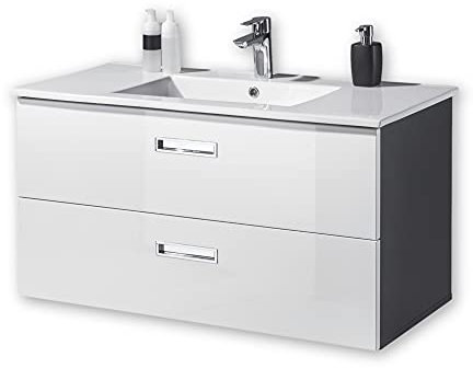 Stella Trading Badezimmer Waschbeckenunterschrank mit Waschbecken in Weiß Hochglanz, Grau - Bad Unterschrank mit viel Stauraum - 102 x 55 x 47 cm (B/H/T)
