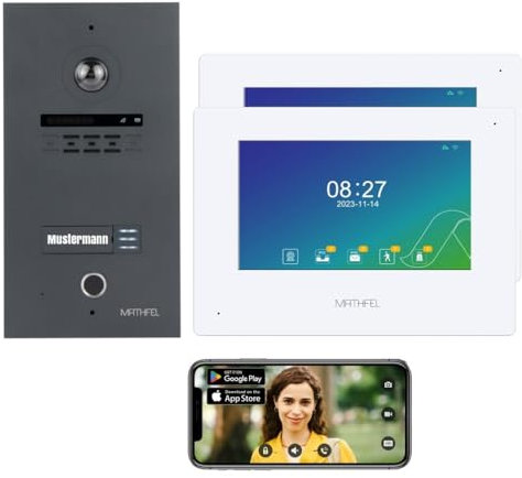 MATHFEL 2 Draht Bus Video Fingerprint Türsprechanlage Gegensprechanlage, Außenstation in Anthrazit mit Gravur, Ultraweitwinkel Kamera 170 Grad, 2x7 Zoll WLAN Touchscreen Monitor Full HD 2 Megapixel