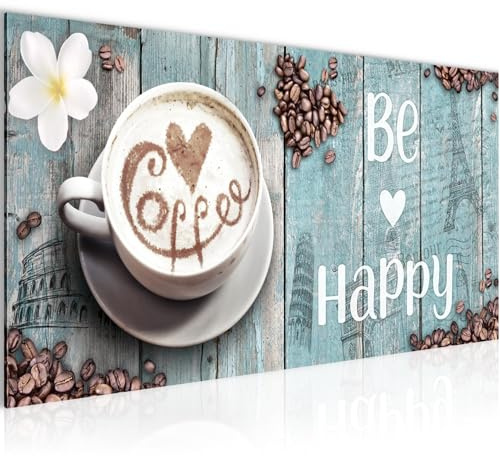 Runa Art Wandbild Küche Kaffee 1 Teilig 100 x 40 cm Modern Bild auf Vlies Leinwand Be Happy Esszimmer Küchenbilder Blau 020712c
