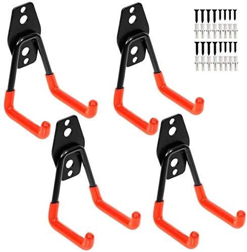 Yisunnan Garage Utility Double Hooks,Heavy Duty Steel Wall Mount Storage Organizer with Anti-Slip Coating,Load Capacity 66 LB (4 Pack Orange 3 U Hook)