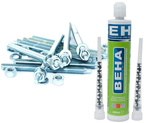 Montageset: 10 Ankerstangen, Verbundanker, Bolzen verzinkt M16 x 190mm + 300ml Verbundmörtel, Injektionsmörtel (25,33€/L)