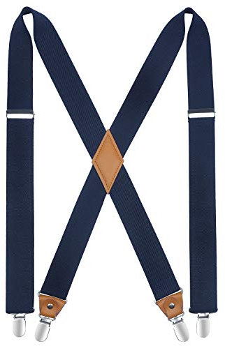 HISDERN Braces for Men Trousers with Very Strong 4 Clips Heavy Duty Suspenders X Style Navy Blue Adjustable Suspender