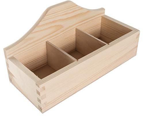WooDeeDoo Wooden Tea Bag Display Box with 3 Compartments Wavy Back Decorative Open Storage Crate Unpainted Pine Desk Organiser Craft Tidy Box 23.5 x 10 x 11.5 cm