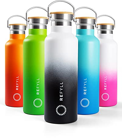 REFYLL Trinkflasche Edelstahl 750ml - “ColorFYLL” I Thermoflasche für die Schule, Kinder, Arbeit I Wasserflasche auslaufsicher + BPA frei I + Schutzhülle & Sportdeckel (Black & White)