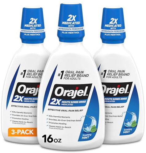 Orajel Nonseptic Mouth Sore Rinse 16oz, Soothing Mint Flavor, Provides Pain Relief, Promotes Healing, 3-Pack