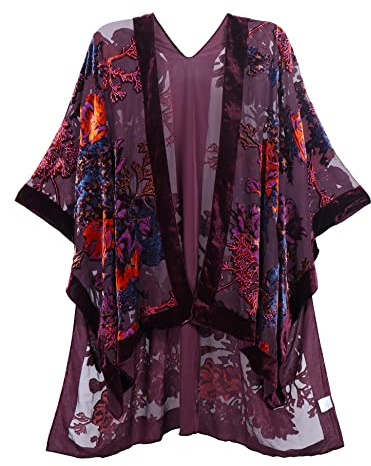 MJ SERECA Women's Burnout Velvet Kimono Long Cardigan Cover Up Casual Outfit (Wine/Bord)…
