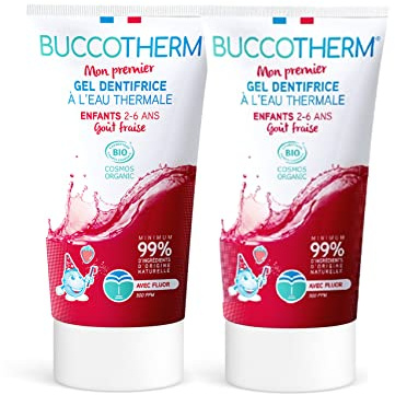 BUCCOTHERM | [Schutz-Zahngel für Kinder 2/6 Jahre] | Kariesbekämpfung | Erdbeer-Geschmack - ohne Zucker | Bio-zertifiziert | 100% Inhaltsstoffe natürlichen Ursprungs | 2er Pack - 2 x 50 ml