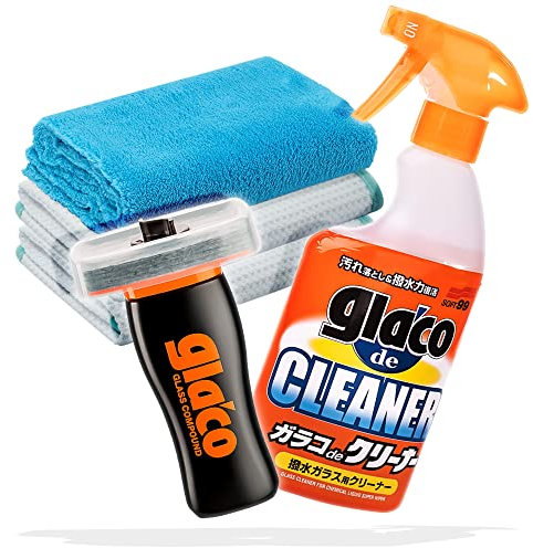 detailmate Kit Nettoyage et Polissage des vitres: Soft99 Glaco de Cleaner 400ml + Soft99 Glaco Glass Compound Roll on 100ml + 2X Microfiber Monkey Chiffon gaufré + detailmate Chiffon à polir