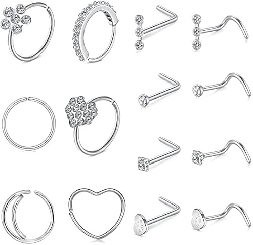 Mayhoop 20 g näsringar nässtift set kirurgiskt stål nässtift nässkruv näsa ring ring CZ näsa piercing smycken för kvinnor män, Metall
